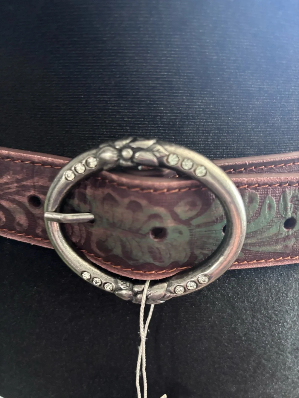 Tooled Leather Belt with Oval Buckle - Green and Brown
